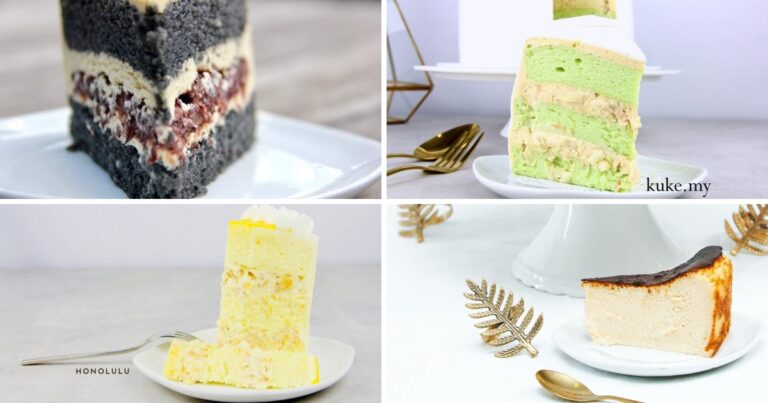 A selection of Kuke cakes - black sesame, pandan, Honolulu and burnt cheesecake